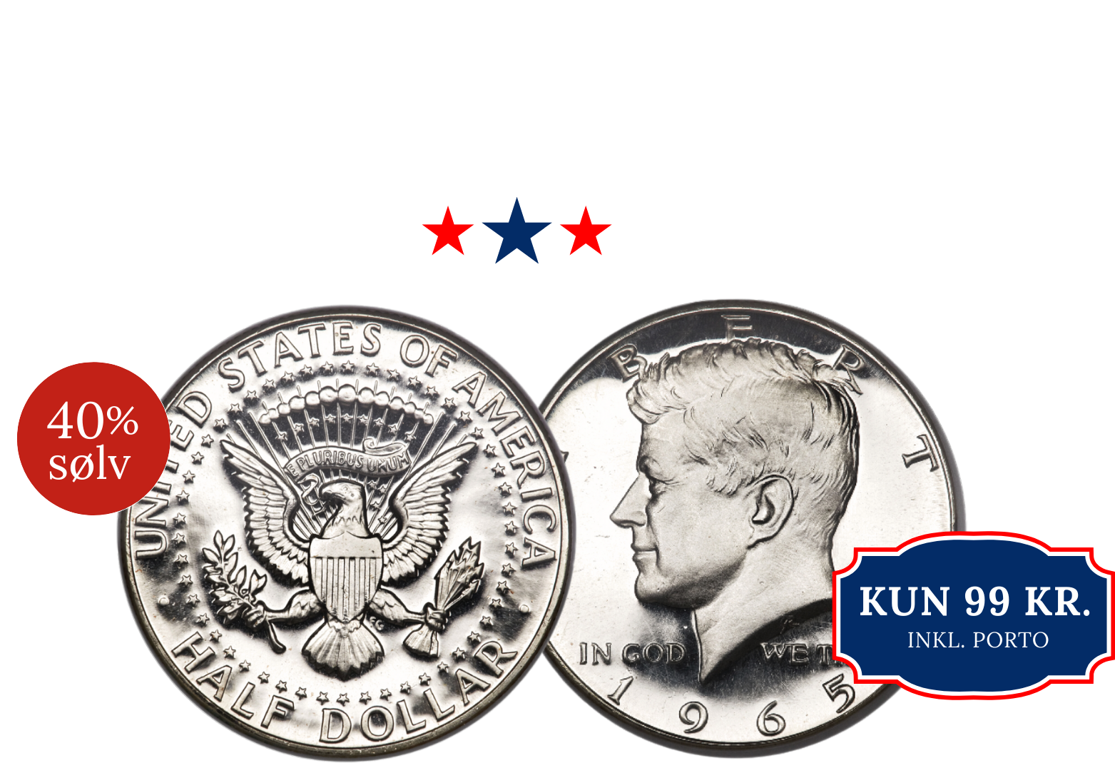 Original amerikansk mønt: 1/2 dollar i sølv med John. F. Kennedy 1965-1970