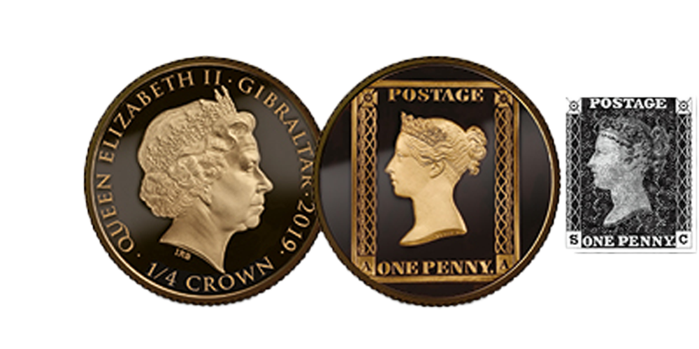 1/4 oz One penny black sæt frimærke Frimærke: 1840, Guldmønt 1/4 oz One penny black sæt frimærke Frimærke: 1840, Guldmønt