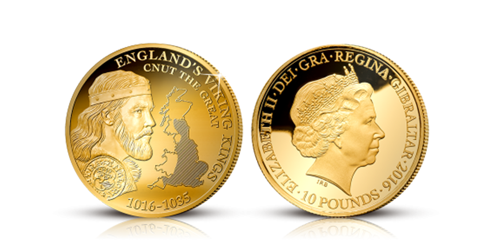 Første gang nogensinde at der er præget en guldmønt med et portræt af Knud den Store. Ved siden af ham kan man se et kort over England og det området Knud den Store regerede, samt et lille billede af en original mønt fra Knud den Stores tid. Første gang nogensinde at der er præget en guldmønt med et portræt af Knud den Store. Ved siden af ham kan man se et kort over England og det området Knud den Store regerede, samt et lille billede af en original mønt fra Knud den Stores tid.