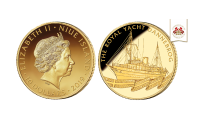 Køb denne eksklusive guldmønt online, i 24 karat guld, med et smukt og detaljeret motiv af kongeskibet Dannebrog til en pris på 3.500 kr.