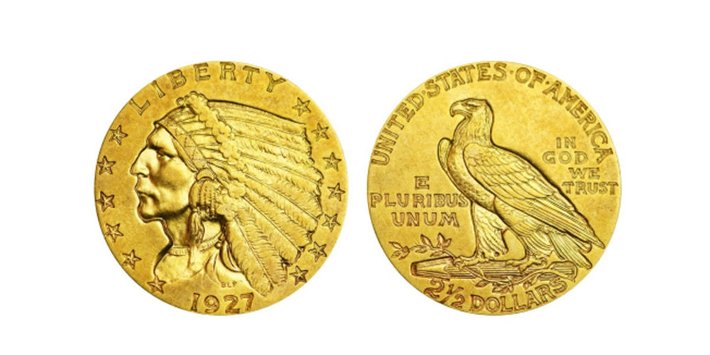 En af dem blev en $ 2,5 guldmønt med et stort høvdingehoved på adverset og en stor ørn på reverset.