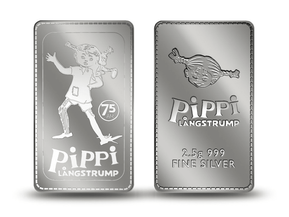 Eksklusiv møntbar i 99,9% sølv på 2,5 g. Udgivet i forbindelse med Pippis 75-års fødselsdag.