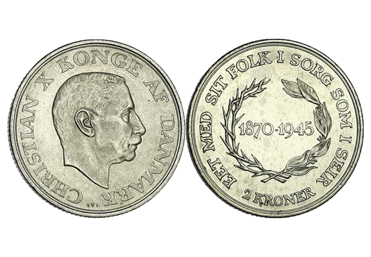 Christian X 2-krone - Dansk erindringsmønt i 80% sølv fra 1945.