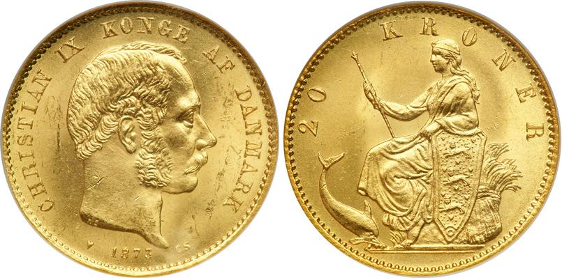 Danmarks første 20-krone. Ucirkuleret 20-krone af Kong Christian IX fra 1873 Danmarks første 20-krone. Ucirkuleret 20-krone af Kong Christian IX fra 1873