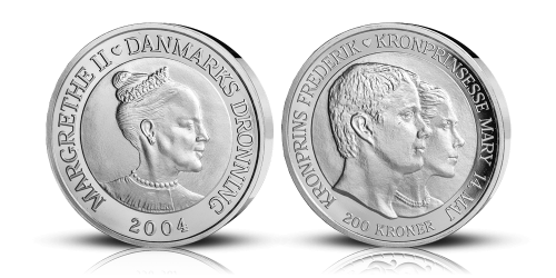 Mønt som blev udsolgt på rekordtid. Udstedt i anledning af Kronprins Frederiks bryllup med Mary, hvortil der blev præget en 200-krone sølvmønt.