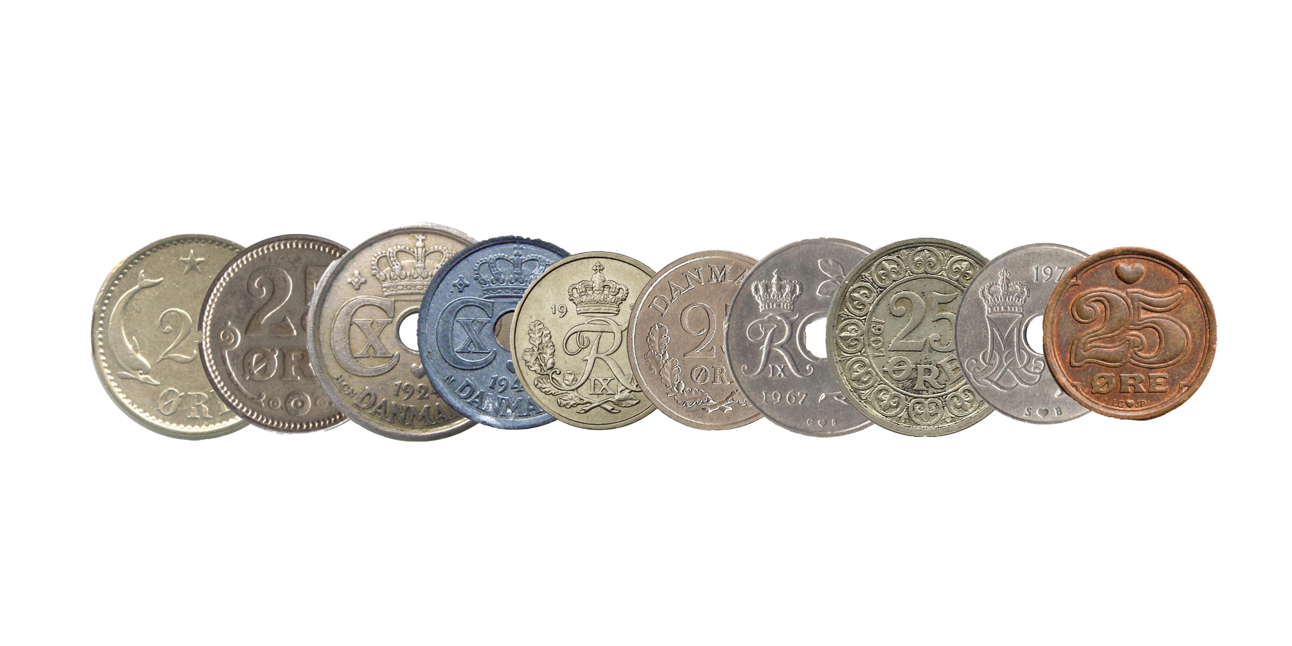 25-øre sæt -  Sæt med 10 danske mønter fra alle Glücksborg-regenter