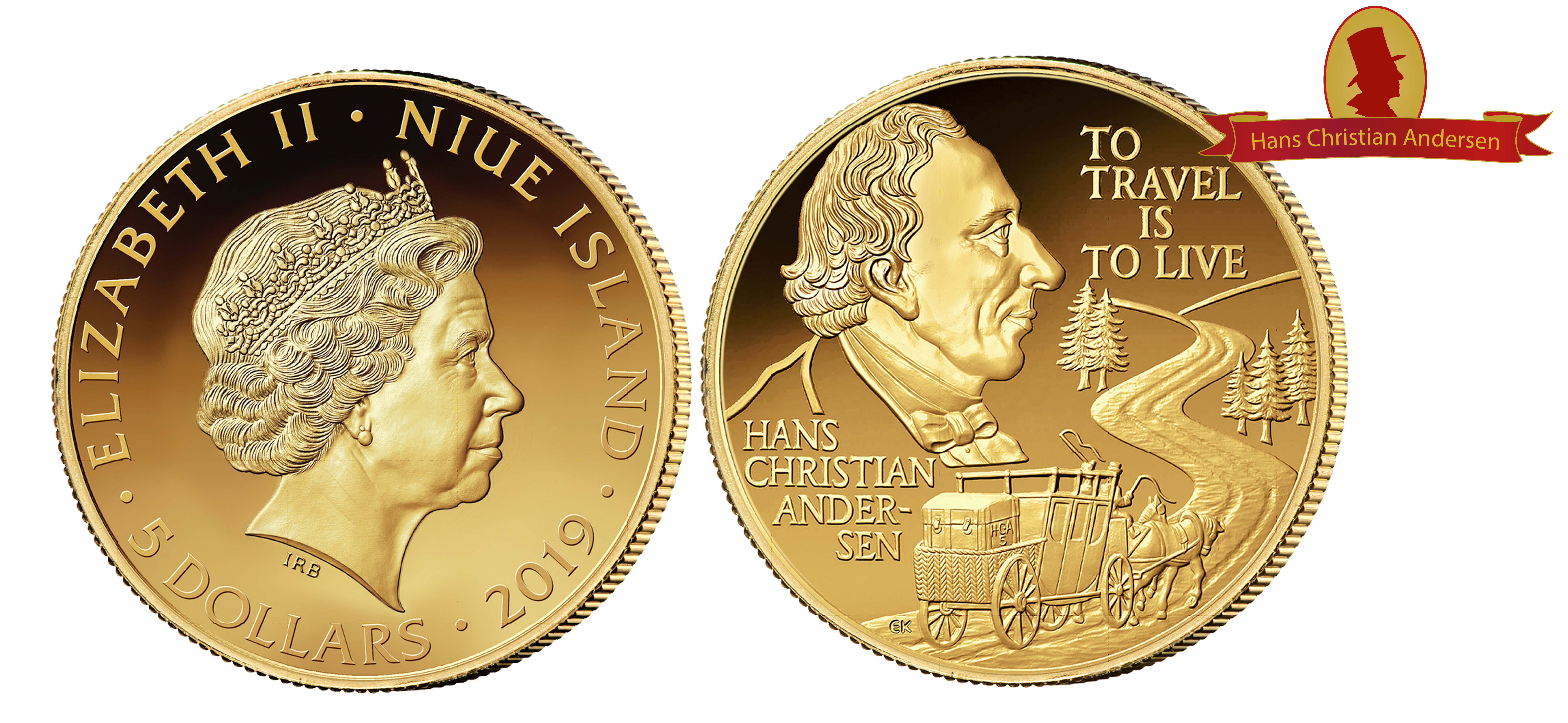 5 dollars i guld med HC Andersen samt en vej med hestevogn 5 dollars i guld med HC Andersen samt en vej med hestevogn