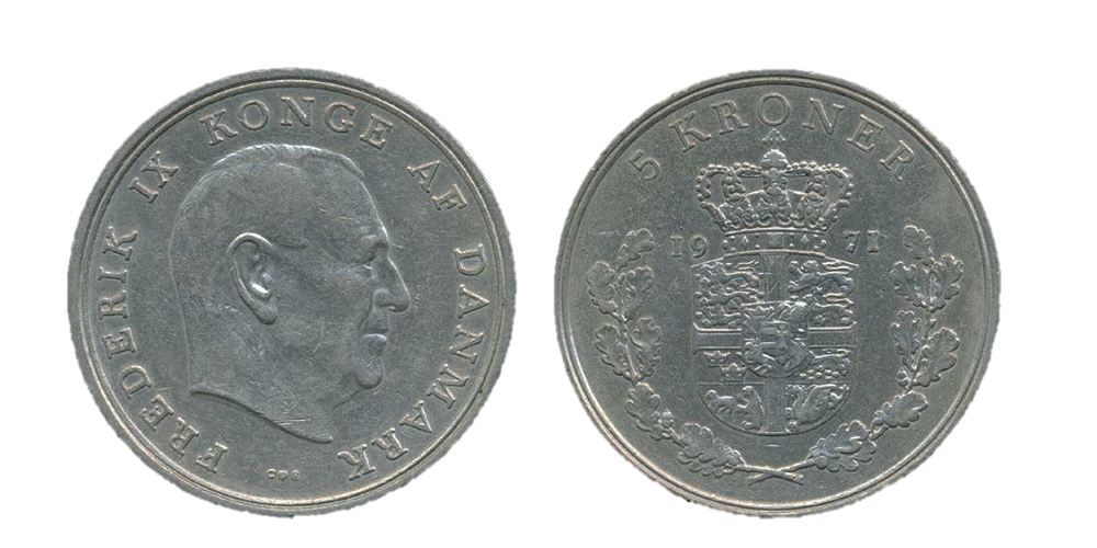 Portræt af Kong Frederik IX og rundt i periferien står der Portræt af Kong Frederik IX og rundt i periferien står der