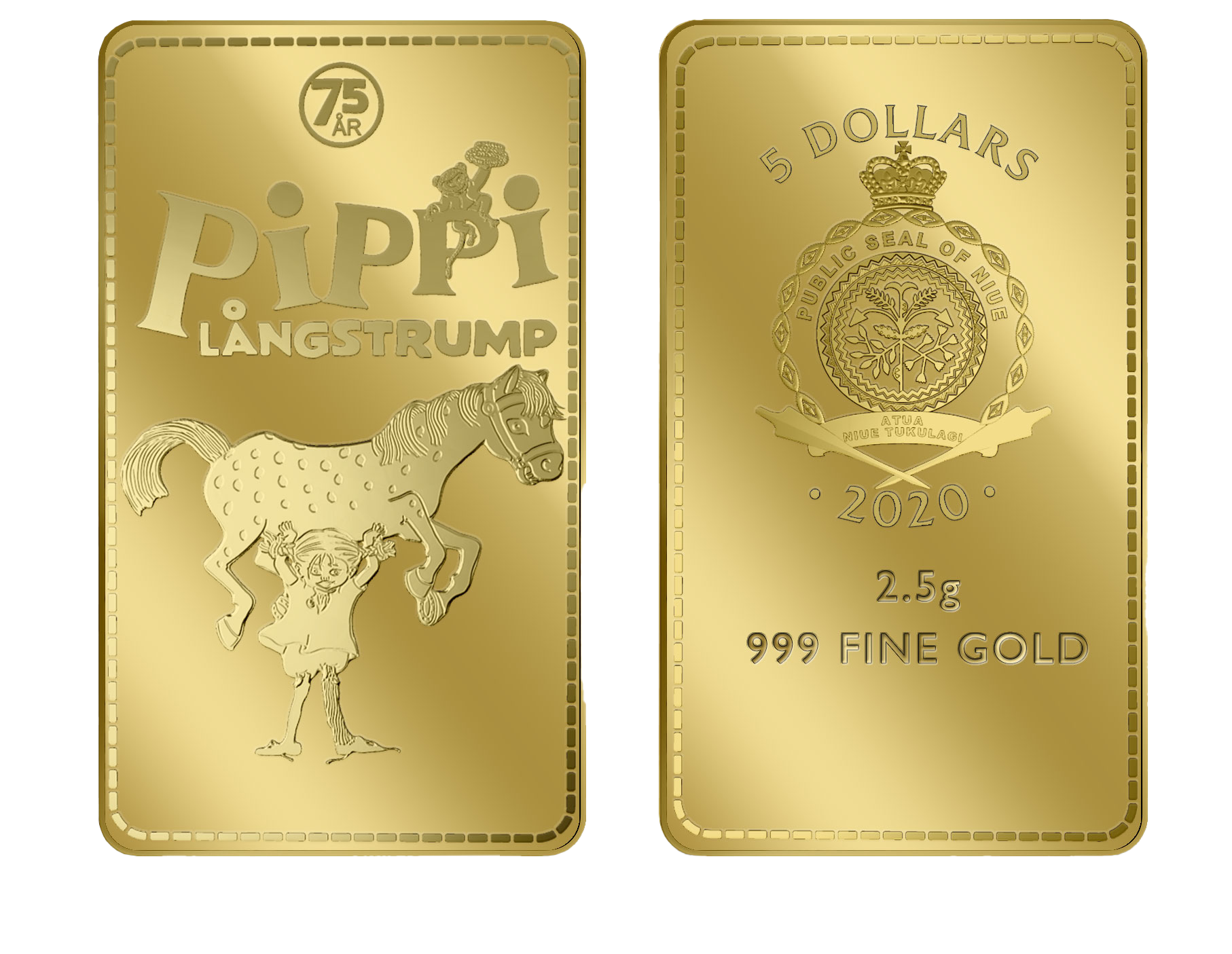 Eksklusiv møntbar i 24 karat guld på 2,5 g. Udgivet i forbindelse med Pippis 75-års fødselsdag. Leveres i specialdesignet skrin, i beskyttende kapsel samt med ægthedscertifikat. Eksklusiv møntbar i 24 karat guld på 2,5 g. Udgivet i forbindelse med Pippis 75-års fødselsdag. Leveres i specialdesignet skrin, i beskyttende kapsel samt med ægthedscertifikat.