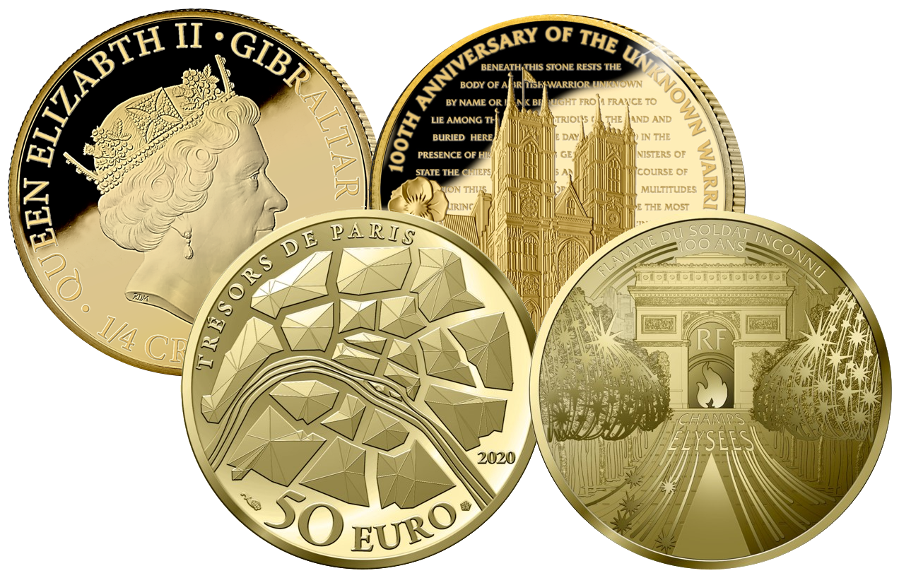 Mønter med motiv af Westminster Abbey i London og Triumfbuen i Paris. De mest ikoniske monumenter i verden