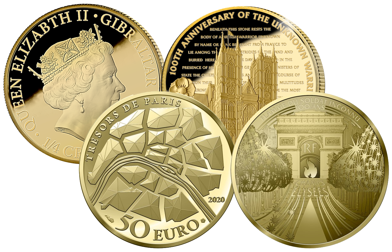 Mønter med motiv af Westminster Abbey i London og Triumfbuen i Paris. De mest ikoniske monumenter i verden Mønter med motiv af Westminster Abbey i London og Triumfbuen i Paris. De mest ikoniske monumenter i verden