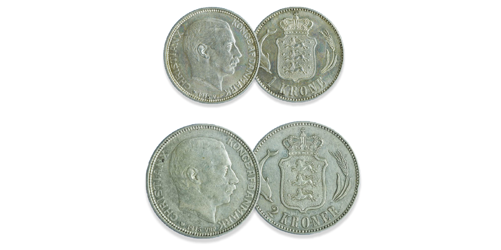 1-krone og 2-krone fra 1915-16 med vores helt egen Kong Christian X. 