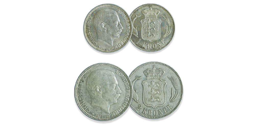 1-krone og 2-krone fra 1915-16 med vores helt egen Kong Christian X. 1-krone og 2-krone fra 1915-16 med vores helt egen Kong Christian X.