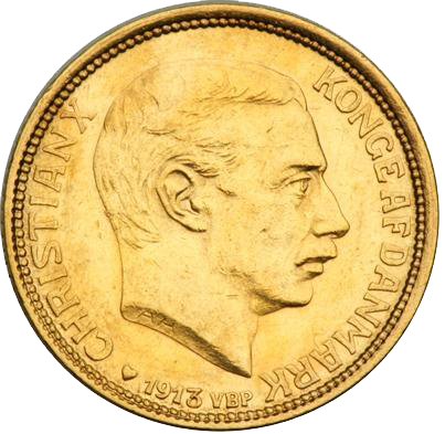 En original dansk guldmønt fra 1913. En original dansk guldmønt fra 1913.