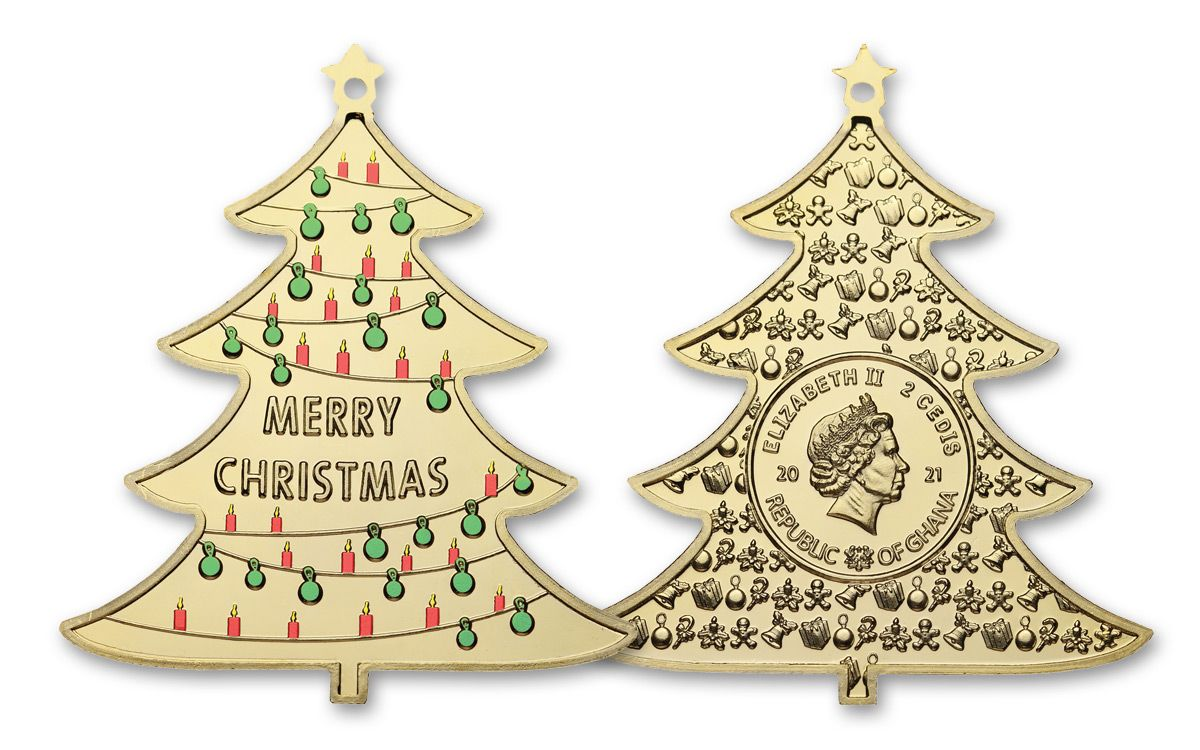 Juletræet - Glædelig Jul (2021). En dekorativ mønt formet som et smukt juletræ