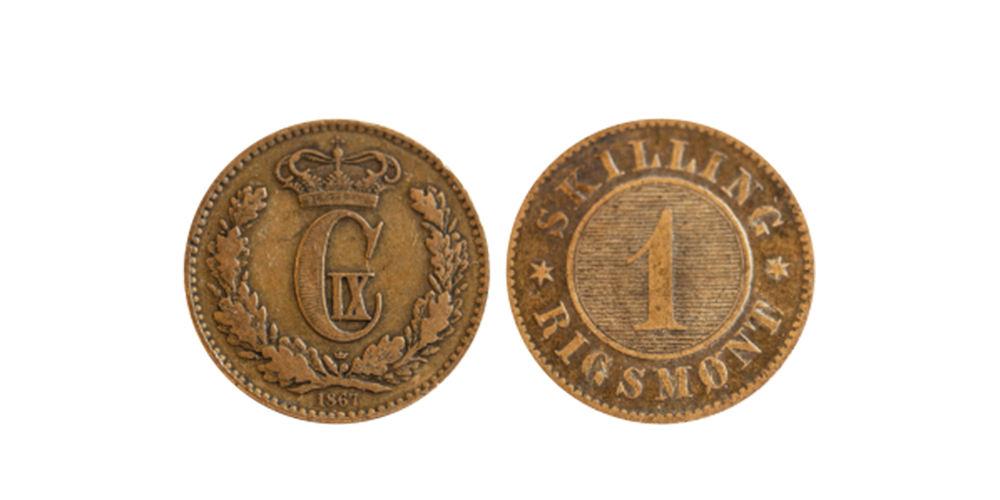 Mønthuset Danmark har glæden af at kunne tilbyde Danmarks sidste skillingemønt. 150 års historie for kun 99 kr