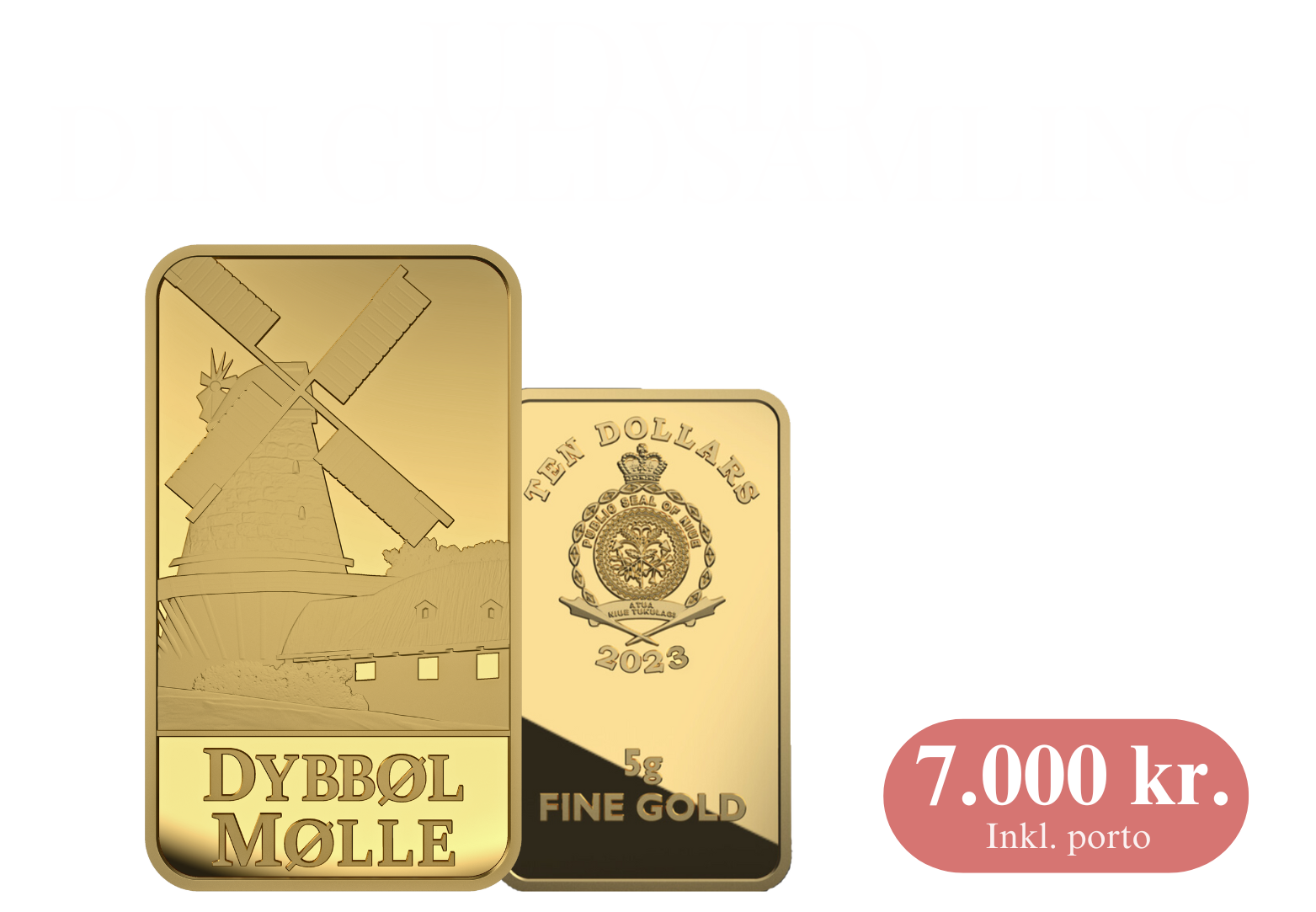 Eksklusiv Dybbøl Mølle 5 gram guldbarre fremstillet i 99,9% guld