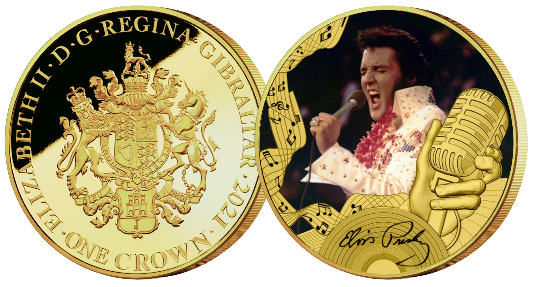  Elvis Presley - The King of Rock 'n' Roll. Denne flotte møntsamling er udgivet for at hylde manden som ændrede musikhistorien for altid, for hans gode udseende, charme og fantastiske stemme. Mønten kan blive din i dag for kun 149 kr. inkl. porto.