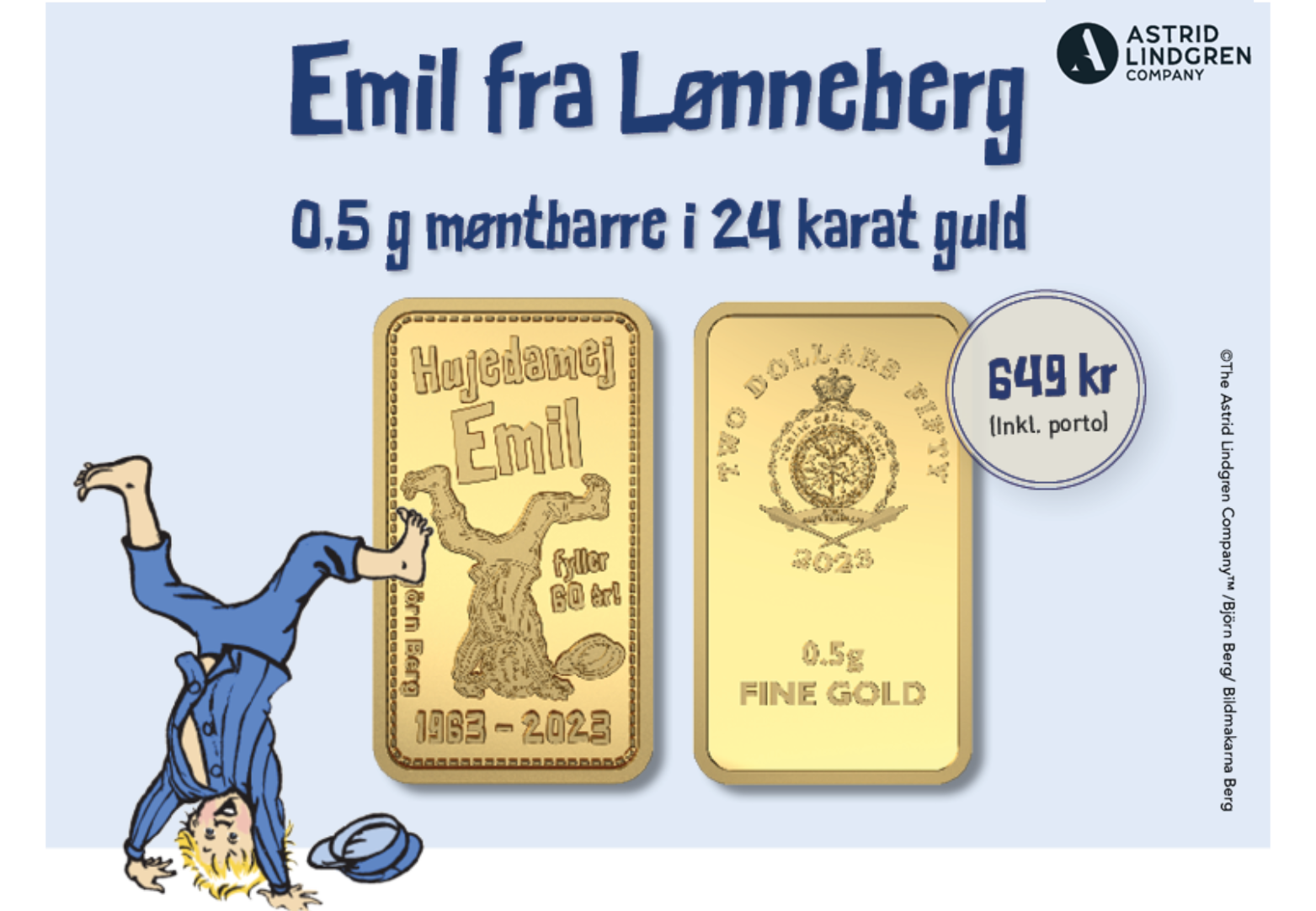 Eksklusiv 0,5 g møntbarre med Emil fra Lønneberg i 24 karat guld
