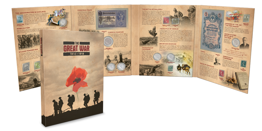En flot samling fra Første Verdenskrig. Mappen indeholder 11 frimærker, 2 sedler og 7 mønter fra i alt 15 forskellige lande, der alle var involveret i Første Verdenskrig.