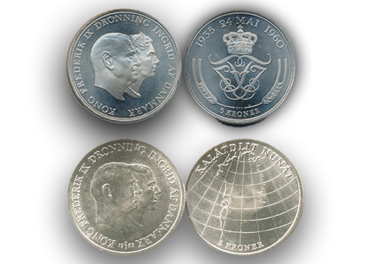 2 krone fra 1953 og 5 krone 1960