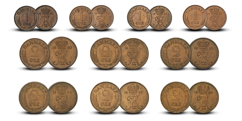 Frederik IX’s ucirkulerede 1 og 2 ører - 10 historiske bronzemønter