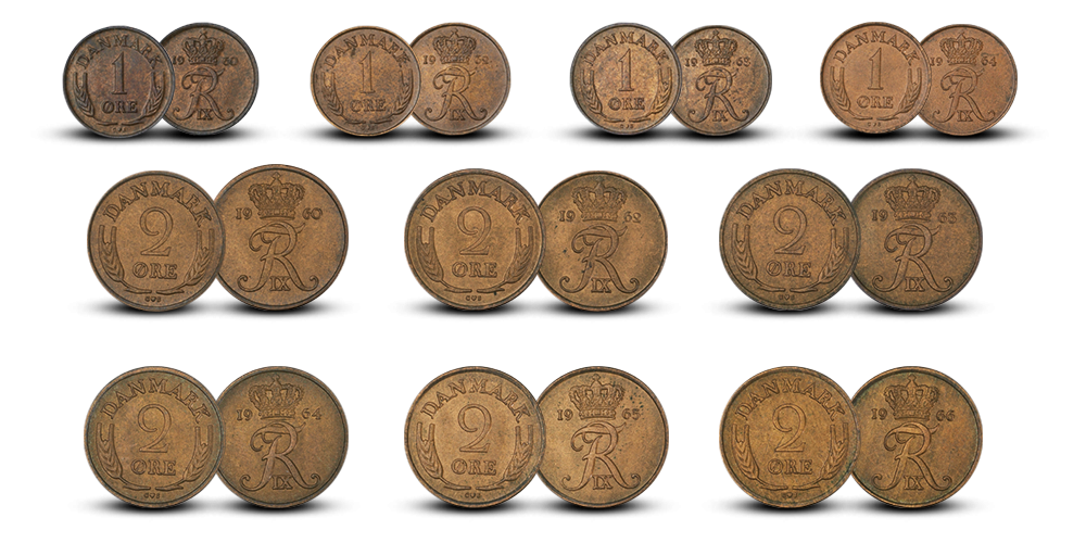 Frederik IX’s ucirkulerede 1 og 2 ører - 10 historiske bronzemønter Frederik IX’s ucirkulerede 1 og 2 ører - 10 historiske bronzemønter