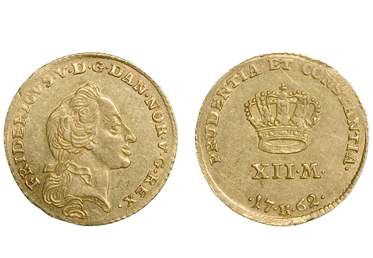 Frederik d. 5.’s kurantdukater er præget 1757 til 1765. - Køb denne historiske og originale Kurantdukat online til en god pris på 8.500 kr. 