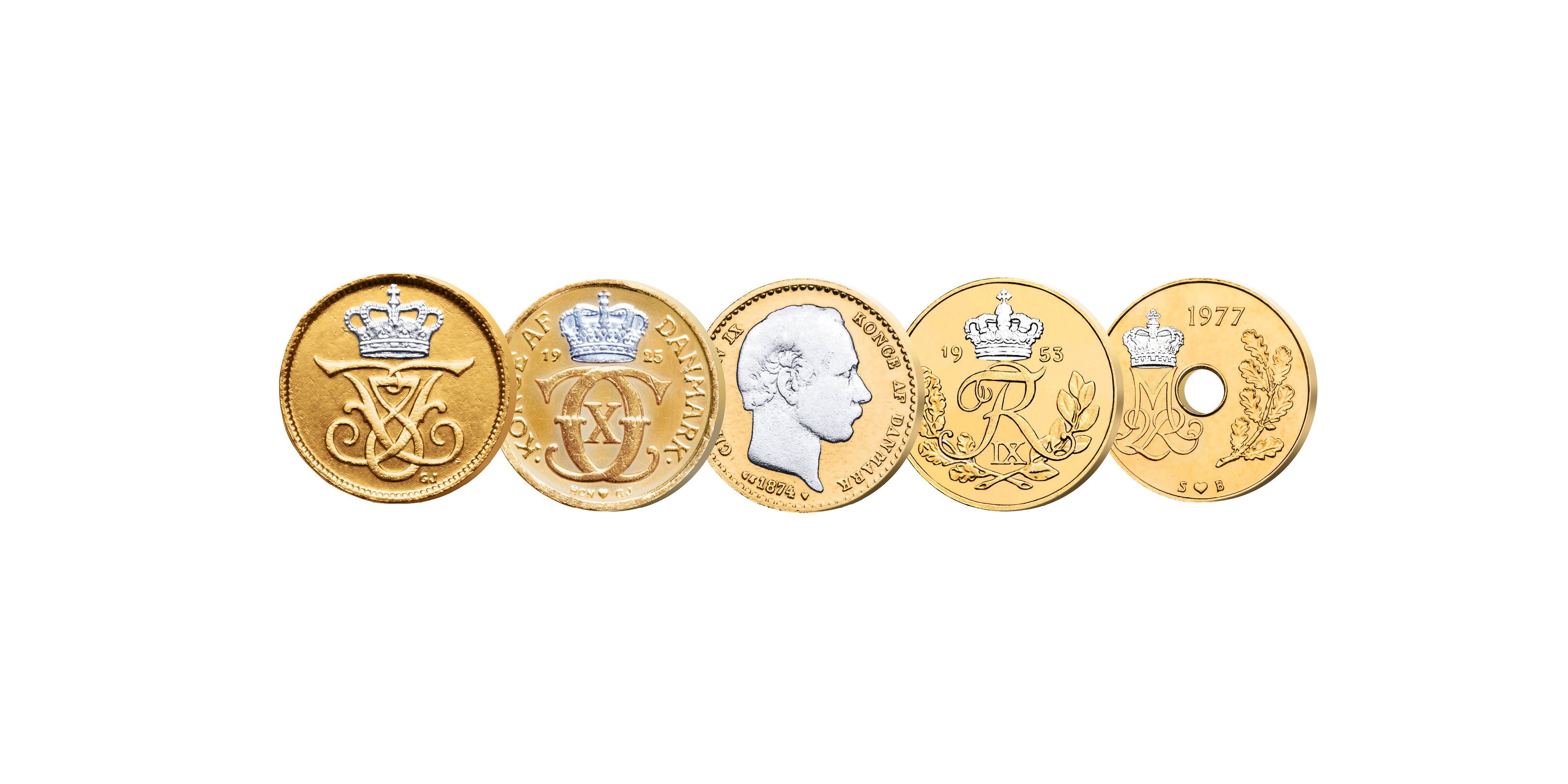 Øremønterne er udgivet under 5 danske Glücksborgs regenter - Christian IX, Frederik VIII, Christian X, Frederik IX og Margrethe II. Alle øremønterne er blevet belagt med guld og platin.