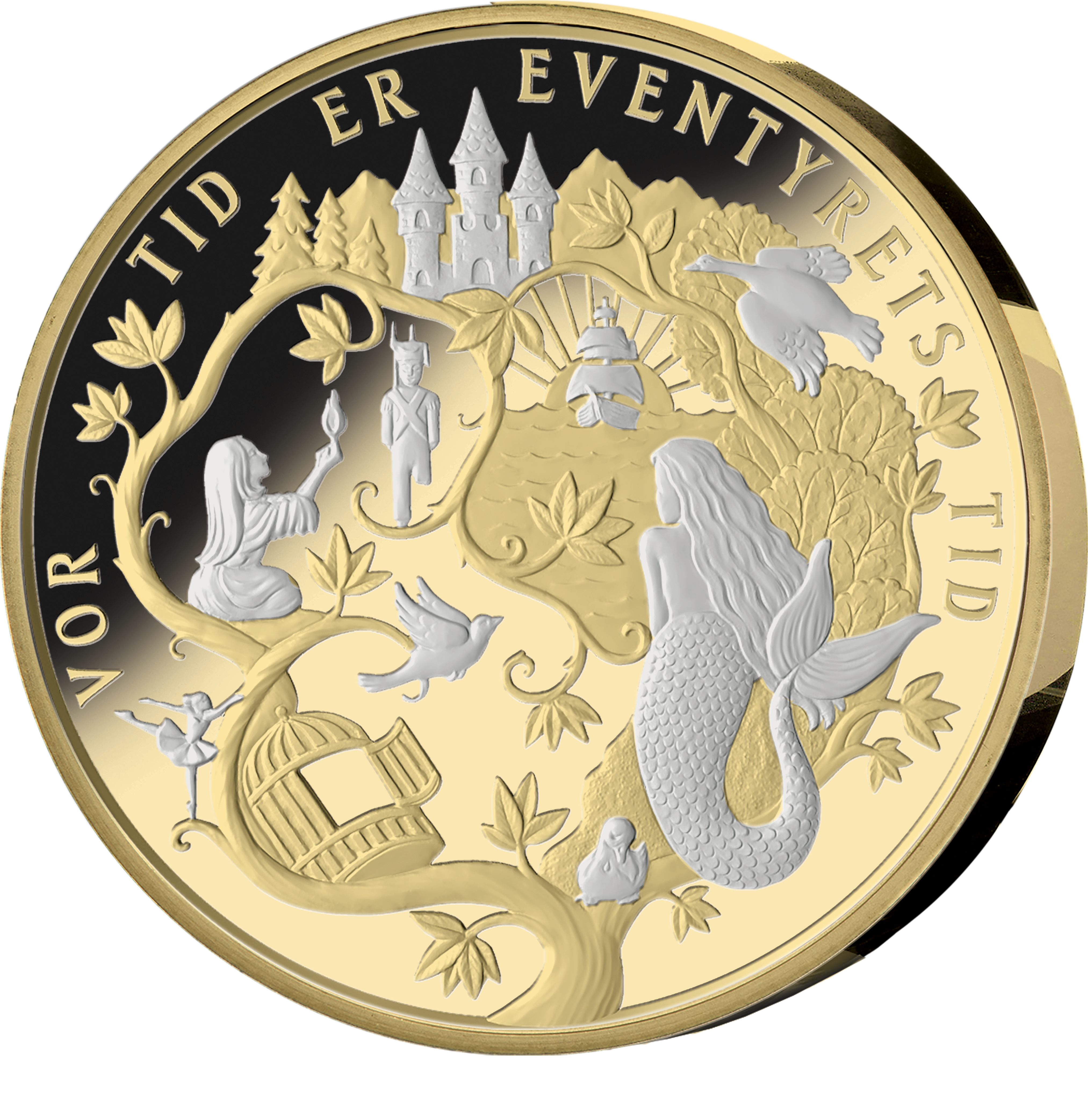 En forgyldt erindringsmedaljen ”Vor tid er eventyrets tid” med H.C. Andersen præget i høj kvalitet (brillant ucirkuleret)