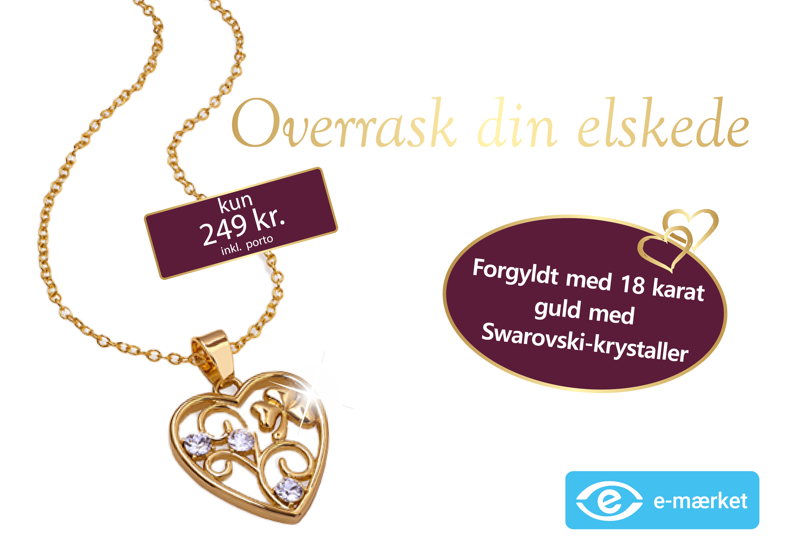 Halskæde forgyldt med 18 karat guld og med tre Swarovski-krystaller.