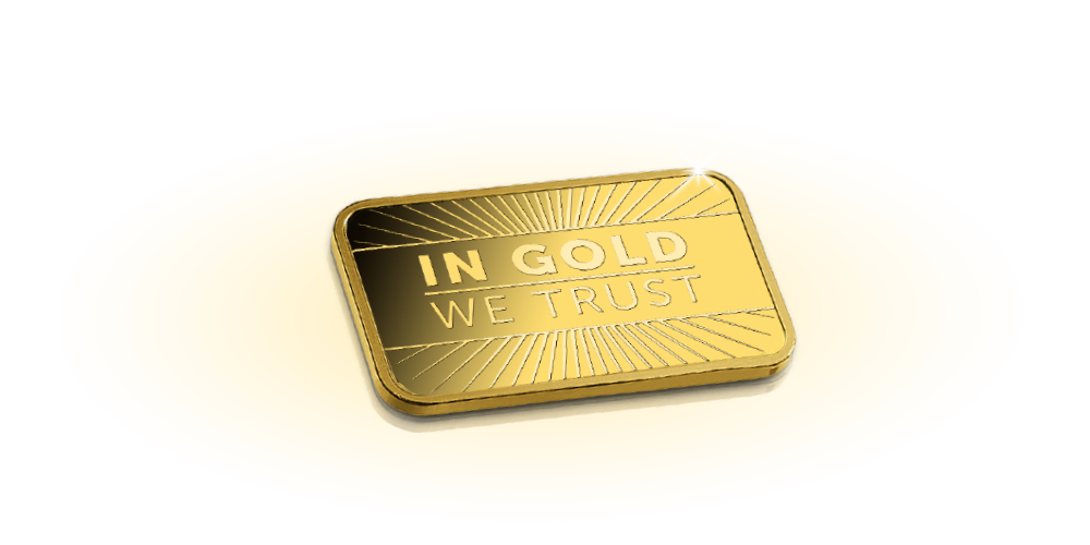 En unik chance for at få din helt egen guldbarre til en fantastisk pris. Guldbarren er præget med teksten “In Gold We Trust”, og er fremstillet i kvaliteten proof En unik chance for at få din helt egen guldbarre til en fantastisk pris. Guldbarren er præget med teksten “In Gold We Trust”, og er fremstillet i kvaliteten proof