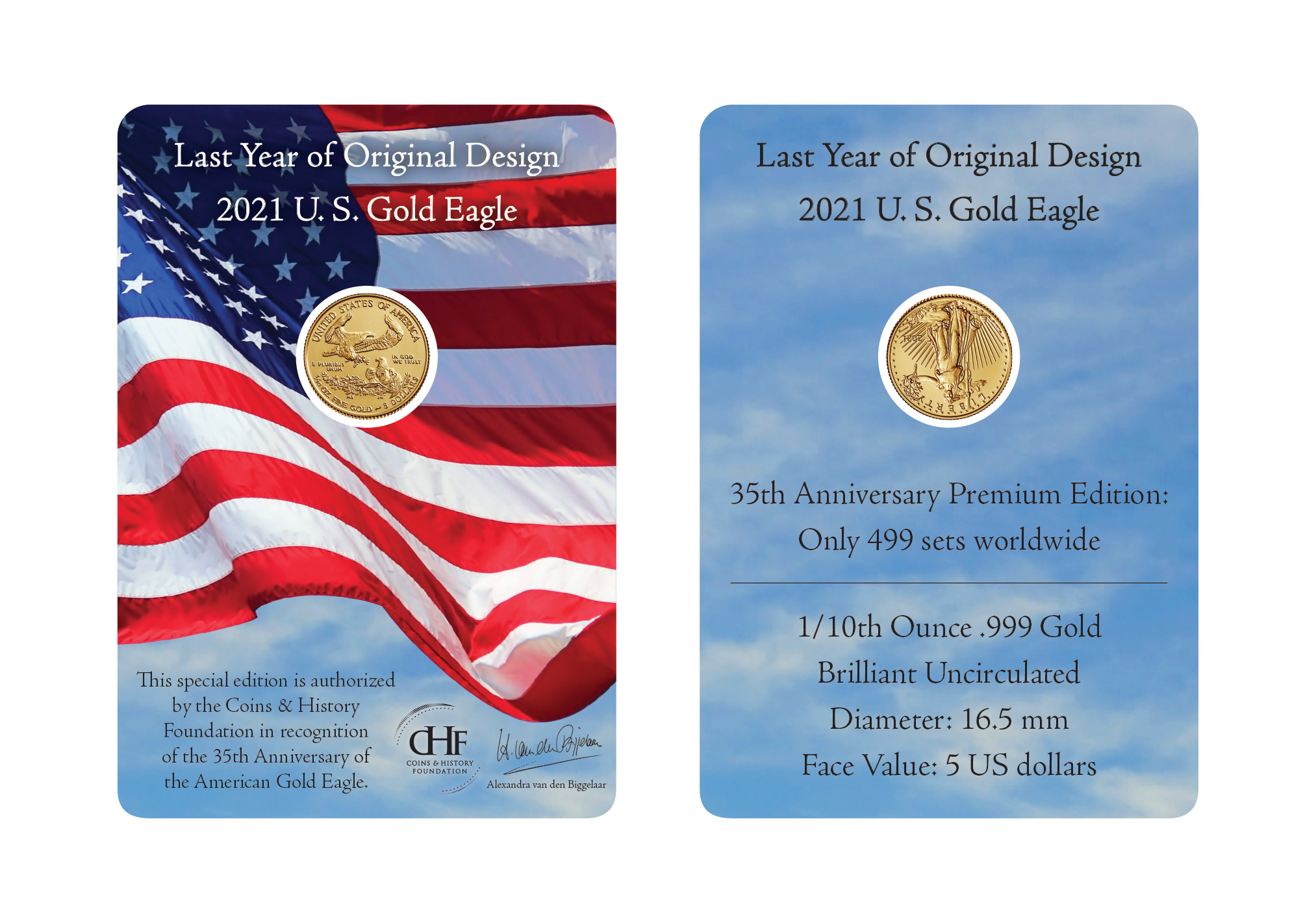Legendarisk Gold Eagle-sæt med to guldmønter, der fejrer 35-års jubilæum med originalt og helt nyt design