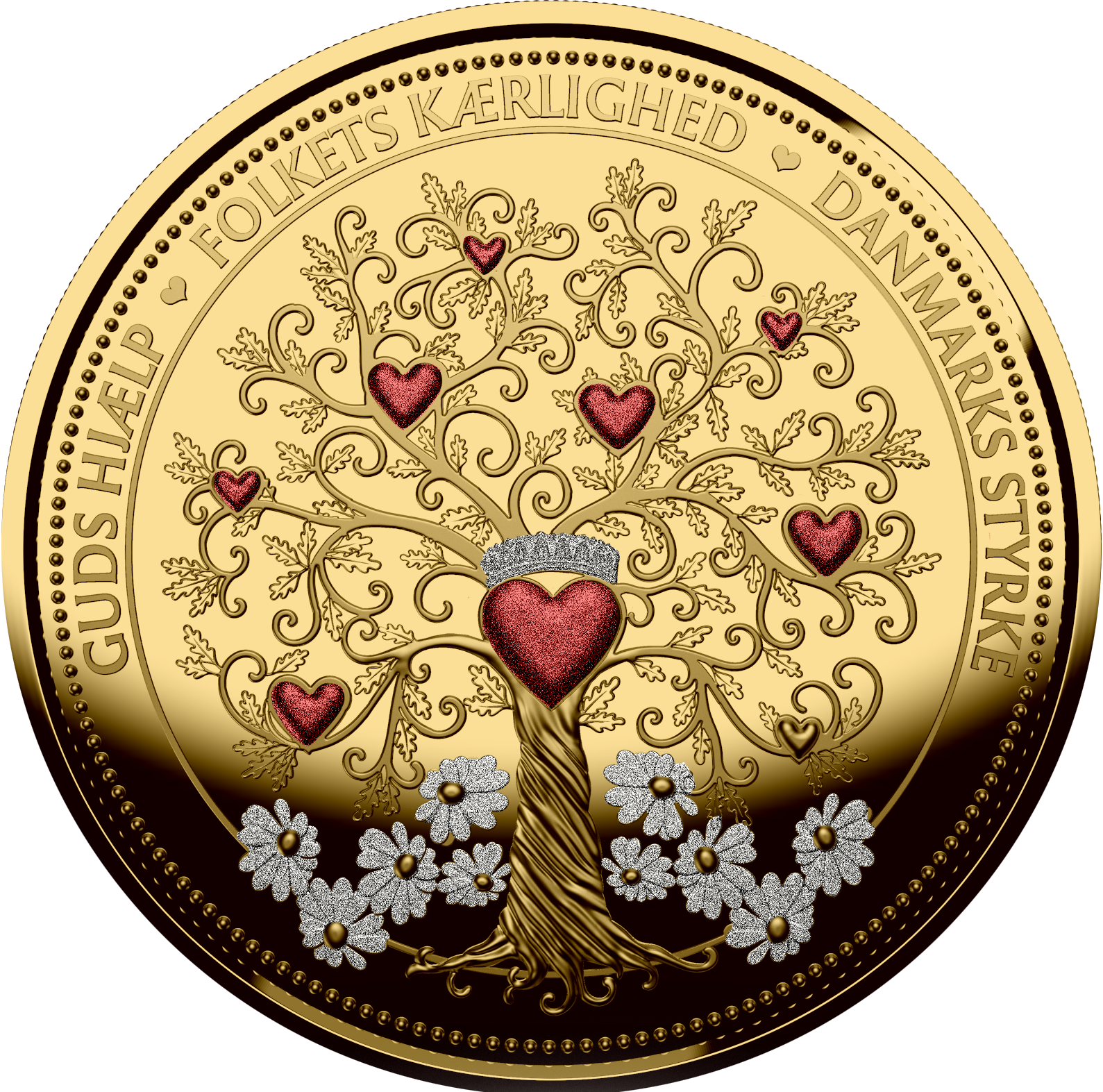 I anledning af Dronning Margrethes 50-års regentjubilæum, kan du nu bestille denne eftertragtede jubilæumsmedalje belagt med 24 karat fairmined guld og diamant støv