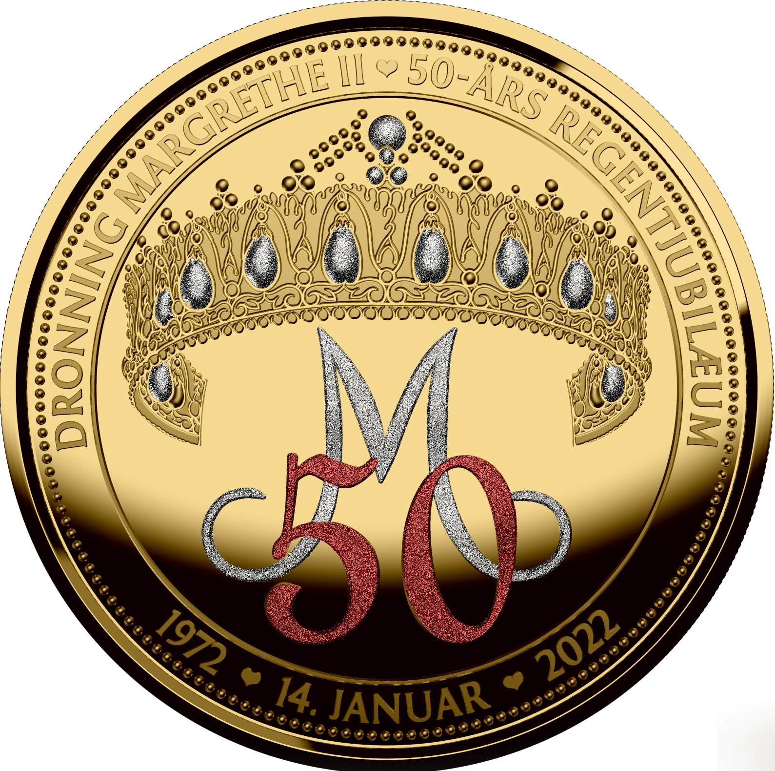 Dronning Margrethes 50-års regentjubilæum 2022 - Jubilæumsmedalje belagt med Fairmined guld og rubin -og diamantstøv 