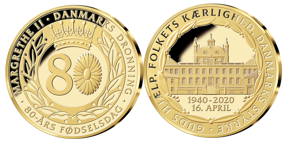 Margrethe 80 år - forgyldt erindringsmedalje og informationsmappe Margrethe 80 år - forgyldt erindringsmedalje og informationsmappe