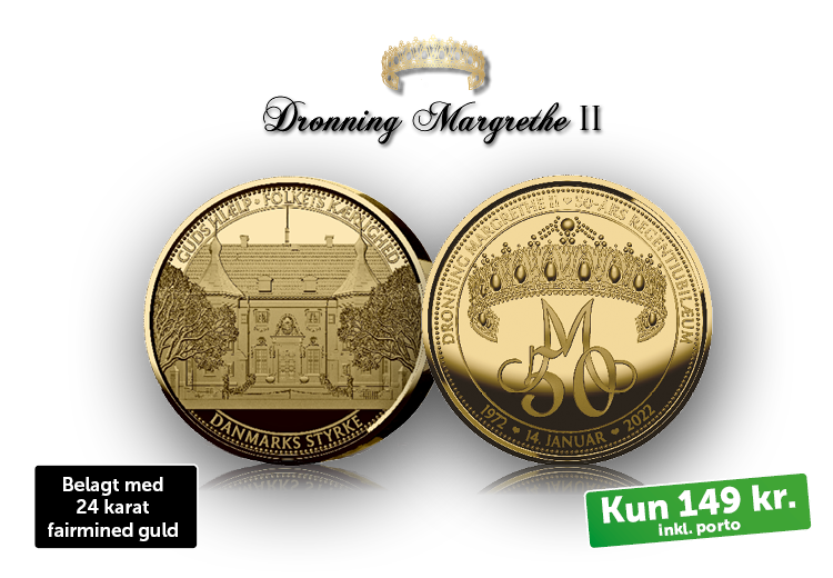 Dronning Margrethe II 50-års regentjubilæum medaljeabonnement forgyldt med 99,9% Fairmined guld