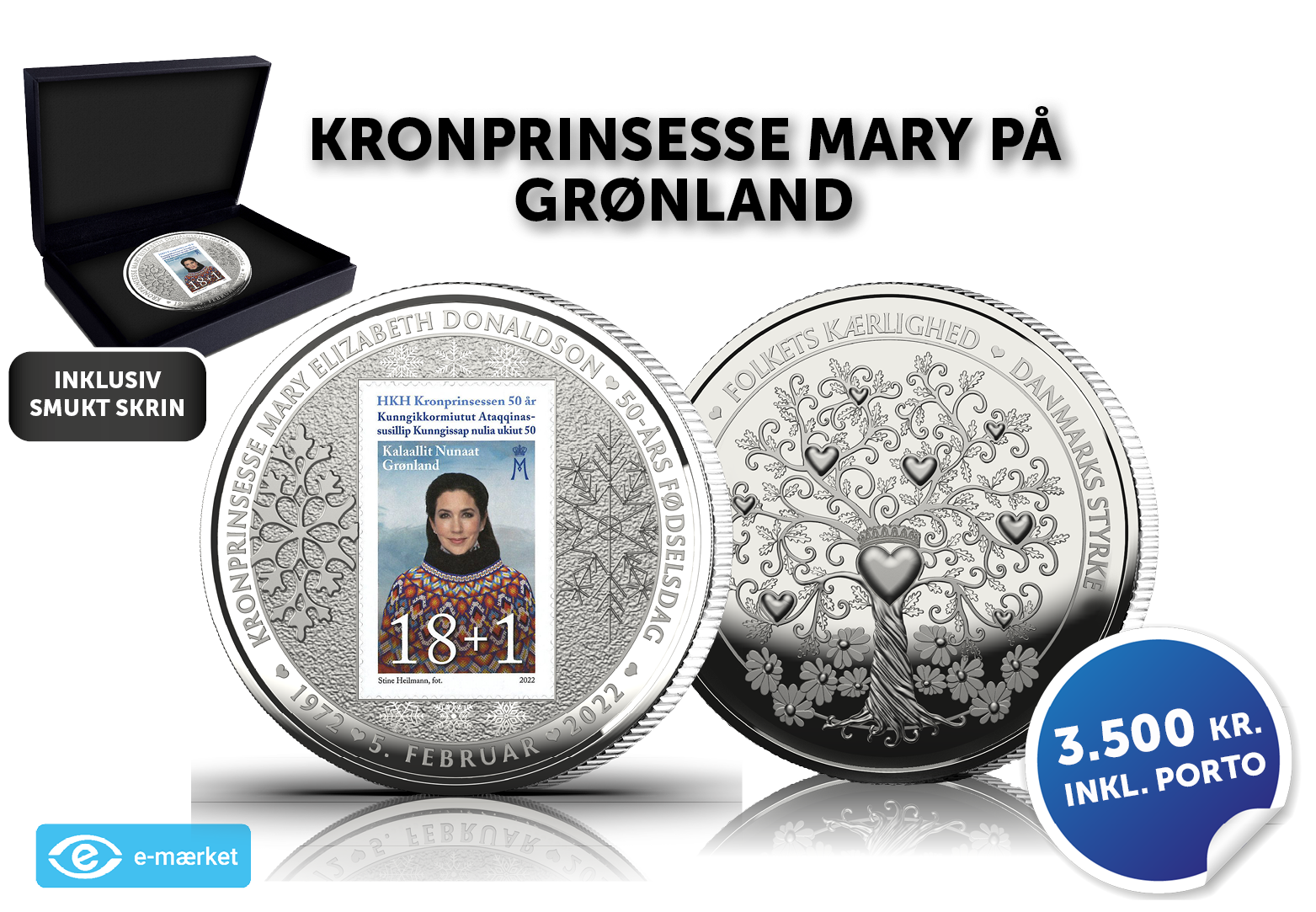 Mary 50-års fødselsdag 2022 - 100 gram sølv med grønlandsk frimærke