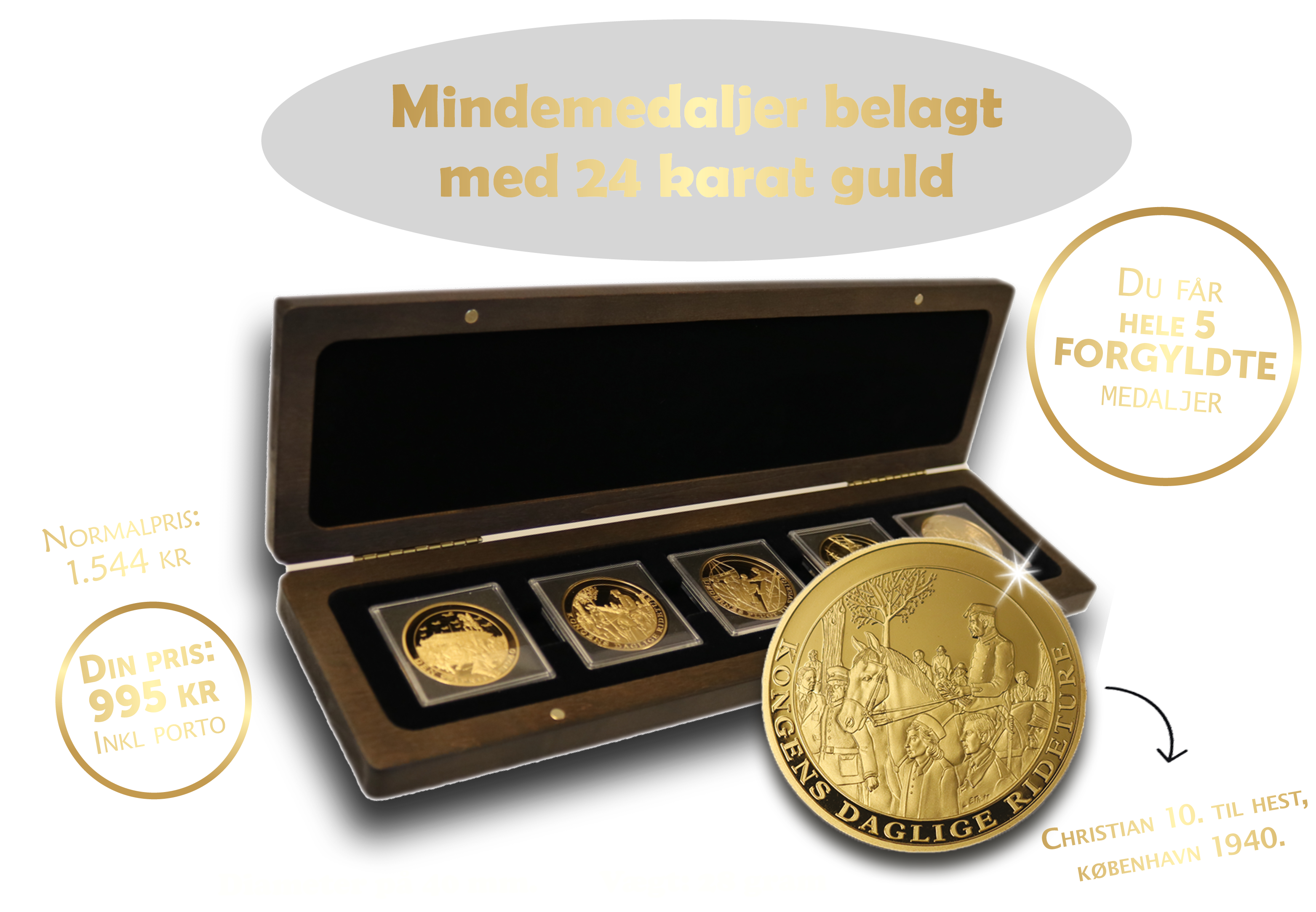 Danmark Under Besættelsen - 5 mindemedaljer belagt med 24 karat guld – kun 995 kr!