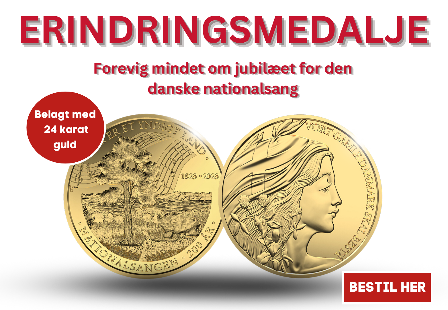 Nationalsangens jubilæumsmedalje belagt med 24 karat guld