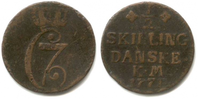 Danske mønter: ½ skilling Christian VII 1771 