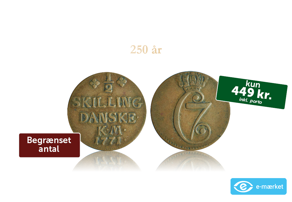 Danske mønter: ½ skilling Christian VII 1771 