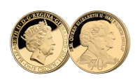 En smuk guldmønt med dobbeltportræt af Dronning Elizabeth II og Prins Philip.