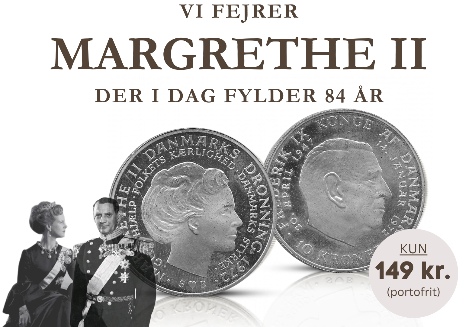 Eksklusiv tronskiftemønt med dronning Margrethe II og kong Frederik IX